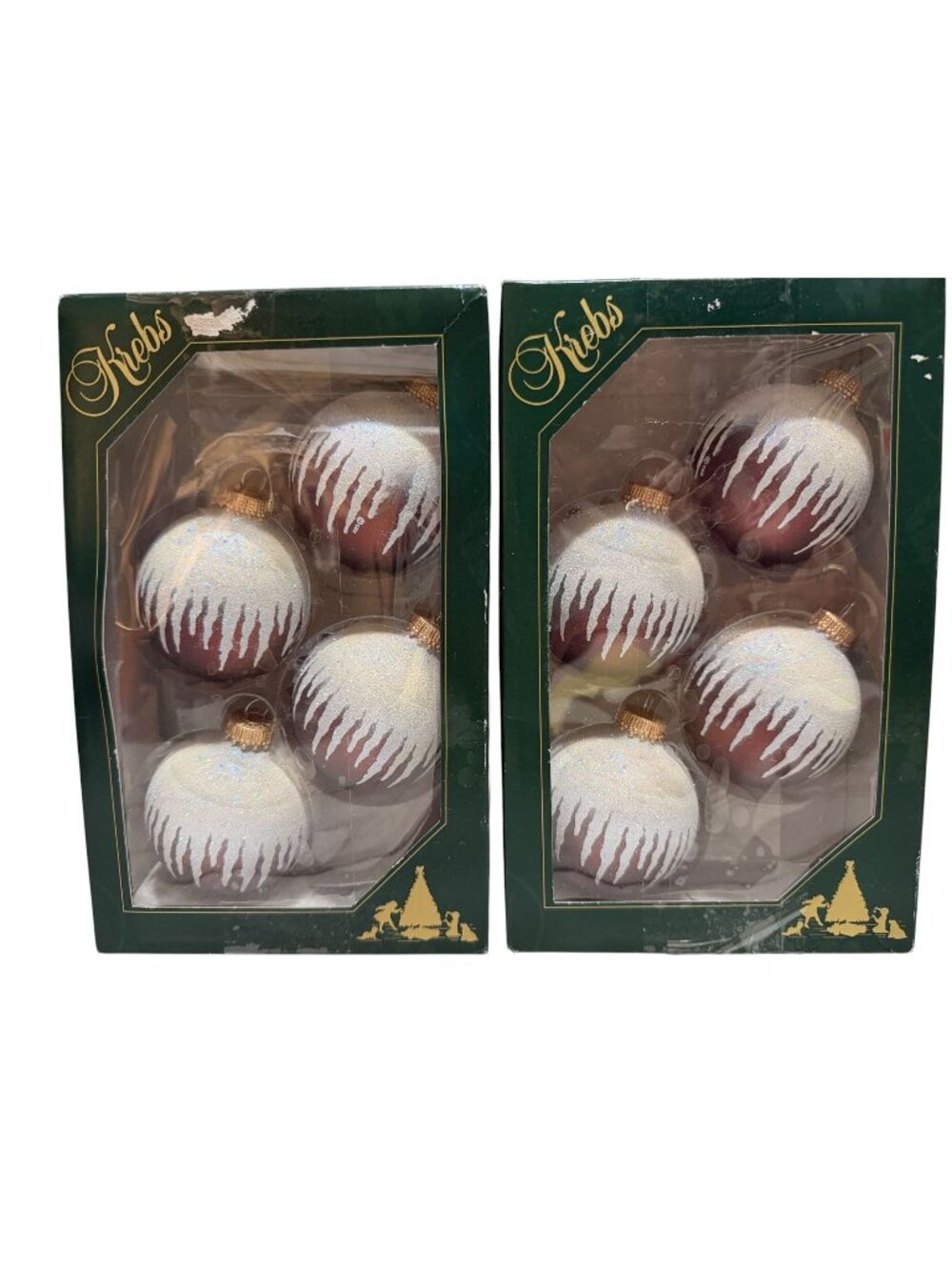 Christmas by Krebs Glass Ornaments Set of 8 Rust White Glitter Frosted Icicles